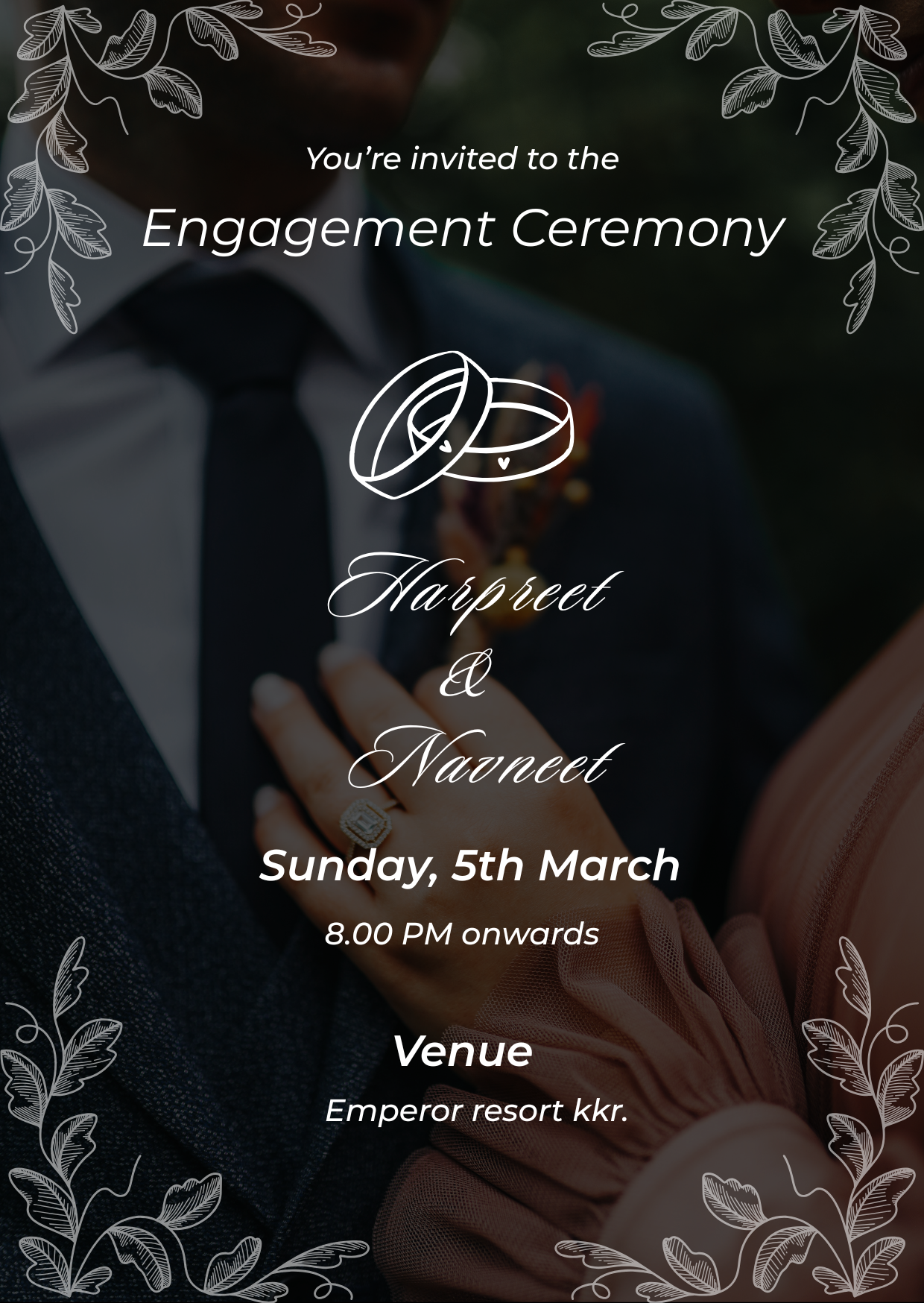 black and white floral minimalist engagement invitation